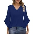 thumbnail image 1 of FRSASU Tunic Tops for Women Solid Color V-neck Lace Sleeve Loose Casual Top T-shirt Navy M, 1 of 8
