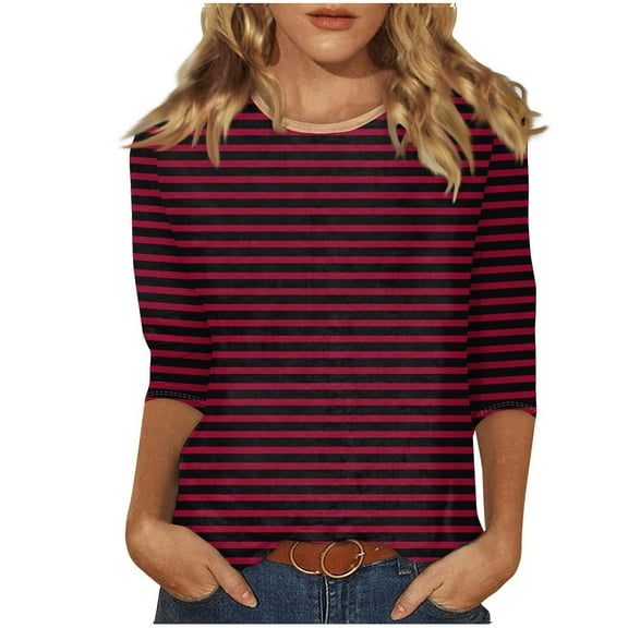 Fashion Women's Striped Printed Blouses Three-Quarter Sleeve T-Shirt Round-Neck Top Women Shirt