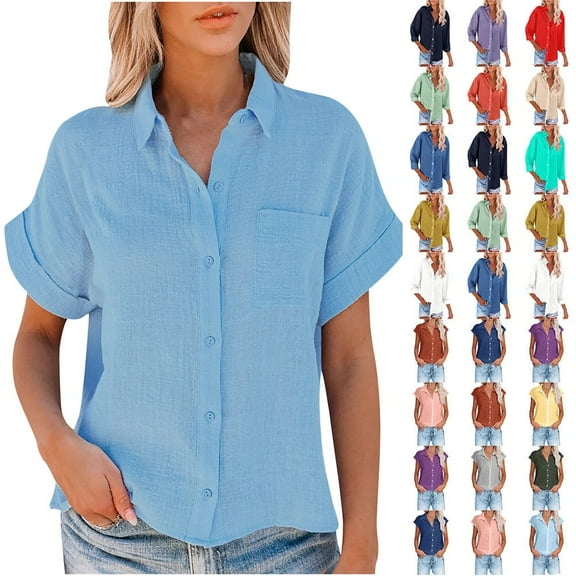 Fatuov Womens Button Down Shirts Summer Cotton Linen Short Sleeve Plus Size Tops for Beach Solid Color Turndown Collar Casual Blouses Light Blue