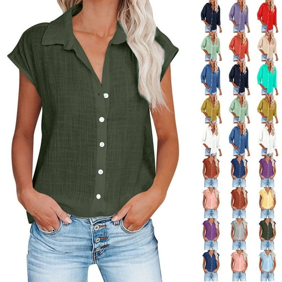 Fatuov Womens Button Down Shirts Summer Cotton Linen Short Sleeve Plus Size Tops for Beach Solid Color Turndown Collar Casual Blouses Army Green
