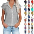 thumbnail image 1 of Fatuov Womens Button Down Shirts Summer Cotton Linen Short Sleeve Plus Size Tops for Beach Solid Color Turndown Collar Casual Blouses Gray, 1 of 5
