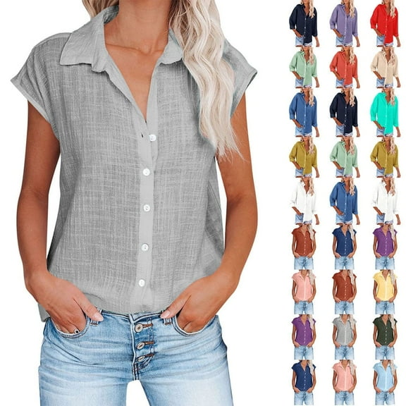 Fatuov Womens Button Down Shirts Summer Cotton Linen Short Sleeve Plus Size Tops for Beach Solid Color Turndown Collar Casual Blouses Gray