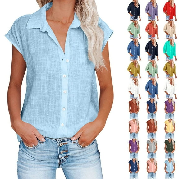 Fatuov Womens Button Down Shirts Summer Cotton Linen Short Sleeve Plus Size Tops for Beach Solid Color Turndown Collar Casual Blouses Light Blue