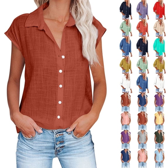 Fatuov Womens Button Down Shirts Summer Cotton Linen Short Sleeve Plus Size Tops for Beach Solid Color Turndown Collar Casual Blouses Orange