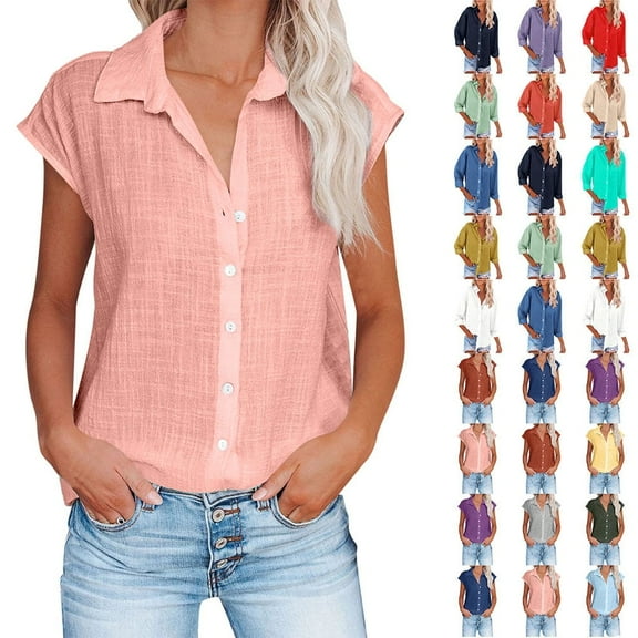 Fatuov Womens Button Down Shirts Summer Cotton Linen Short Sleeve Plus Size Tops for Beach Solid Color Turndown Collar Casual Blouses Pink