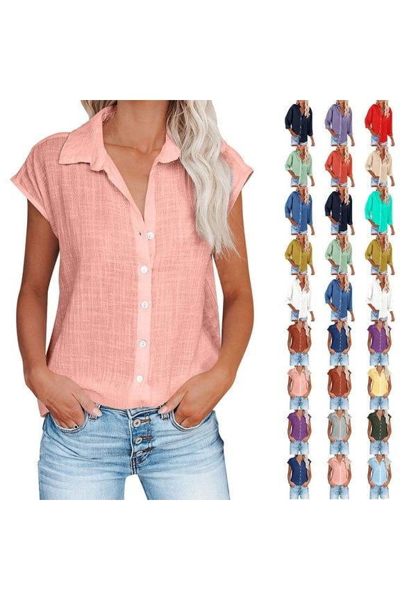 Womens Button Down Shirts Summer Cotton Linen Short Sleeve Plus Size Tops for Beach Solid Color Turndown Collar Casual Blouses Pink