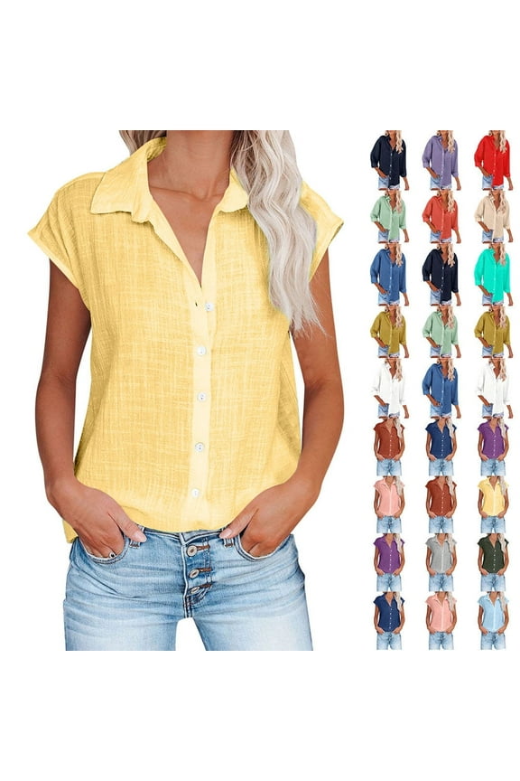 Womens Button Down Shirts Summer Cotton Linen Short Sleeve Plus Size Tops for Beach Solid Color Turndown Collar Casual Blouses Yellow