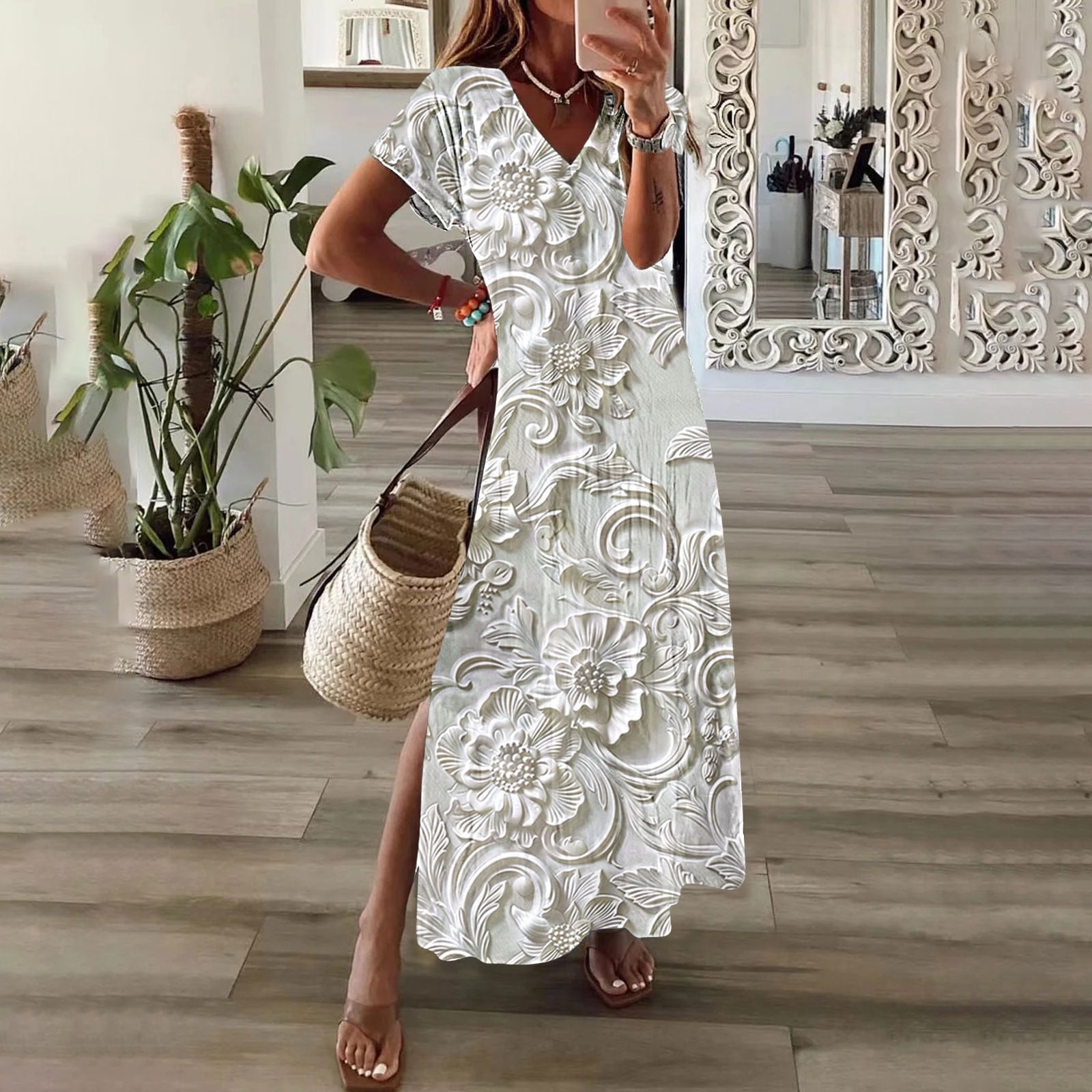 Gathrrgyp Dresses for Women Summer Casual Boho Dress,Womens Spring and Summer V-Neck Solid Casual Short Sleeved Long Dress Beige S