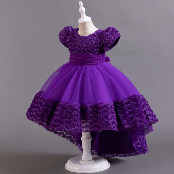 GaThRRgYP Elegant Short Sleeve Dress for Women,Children Rose Flower Train Skirt Cake Princess Dress Girl Bowknot Gown Dress