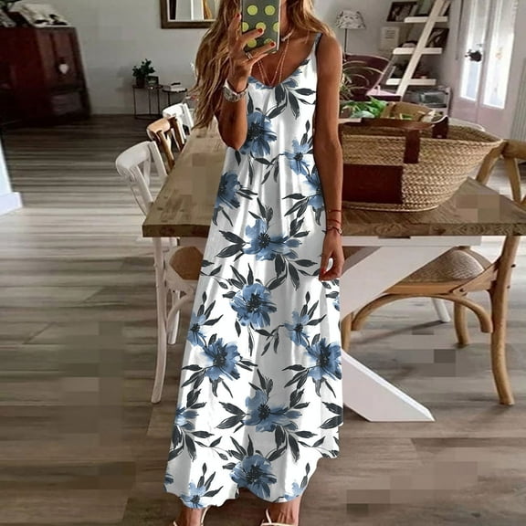 GaThRRgYP Flowy Dresses for Women,Summer Dresses for Women Print Sleeveless Round Neck Dress Casual Dresses