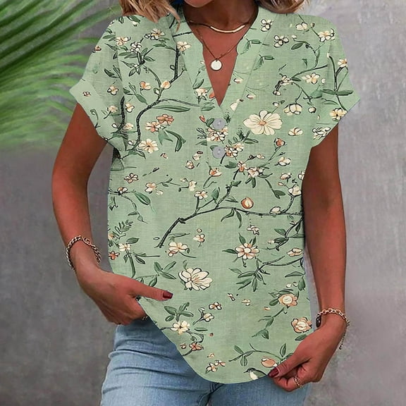 GaThRRgYP Plus Size Topsunder 10.00,Women Casual Printed Short Sleeve Button Home V-Neck T-shirt Blouses Green L