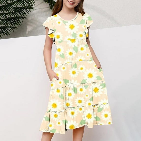 Summer Savings Clearance!GaThRRgYP Side Ruched Round Neck Dress-Curvy Girl Approved,Fashion Girls' Summer New Short Sleeve Ruffled Pockets Round-Neck Printed Dress