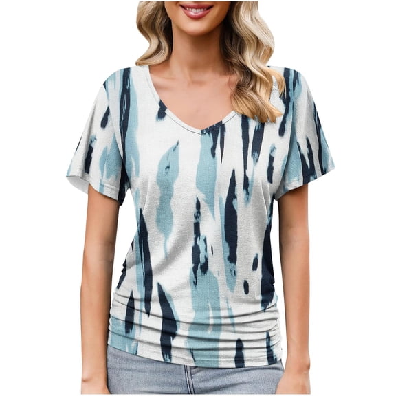 GaThRRgYP Spring Tops for Women,Fashion Women's Casual Short Sleeve Printing V-Neck Blouse Floral Ruched T-Shirt Casual Feminine Light Blue M