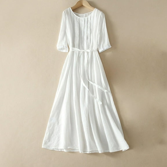 GaThRRgYP Summer Dresses,Women's Retro Cotton and Linen Round Neck Double-layer Lace-up Waist Retraction Travel Holiday Dress