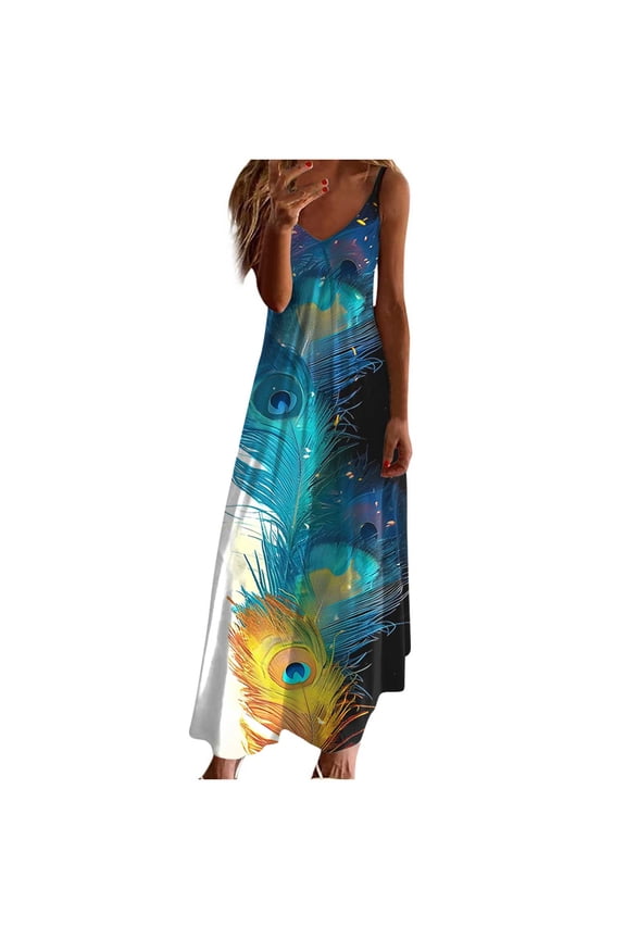 Summer Dresses for Women,Summer Dresses for Women Print Sleeveless Round Neck Dress Casual Dresses