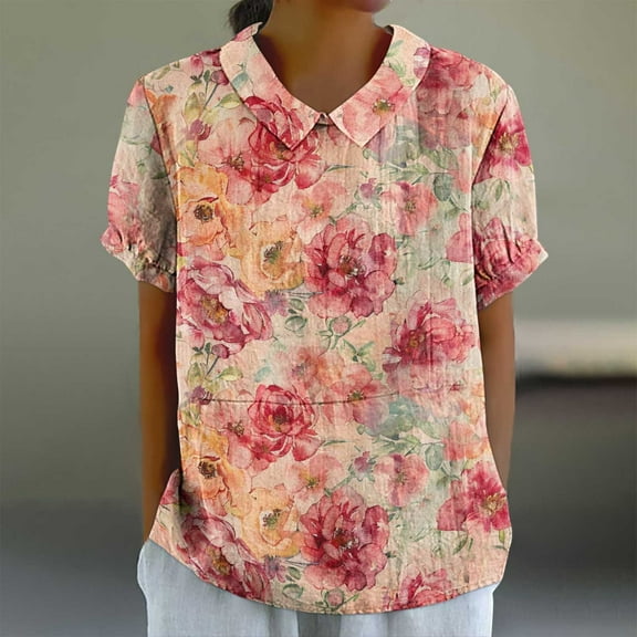 GaThRRgYP Summer Linen Blend Short Sleeve Blouse - Women's Top,Women's Ladies Fashion Casual Cropped Short Sleeve Printing Loose Shirt Blouse Top Multicolor XXXL