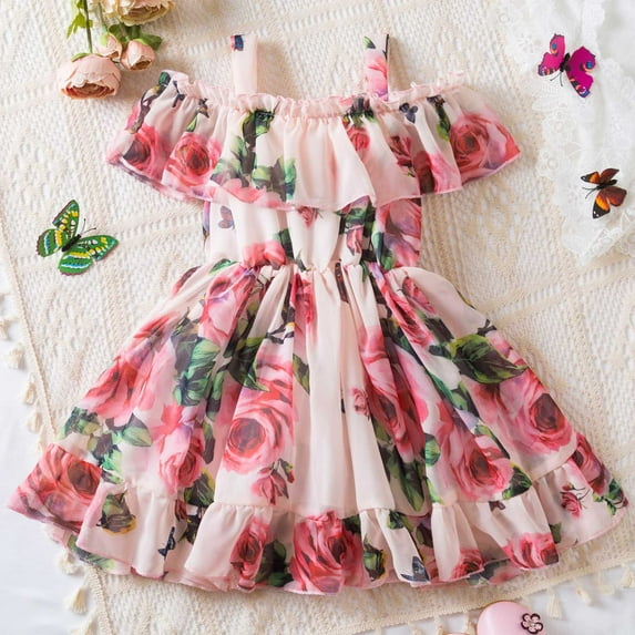 Summer Savings!GaThRRgYP Summer Striped Boho Short Sleeve Dress,Girls Summer New Slip Dress Elegant Rose Print Princess Dress Line Shoulder Dress