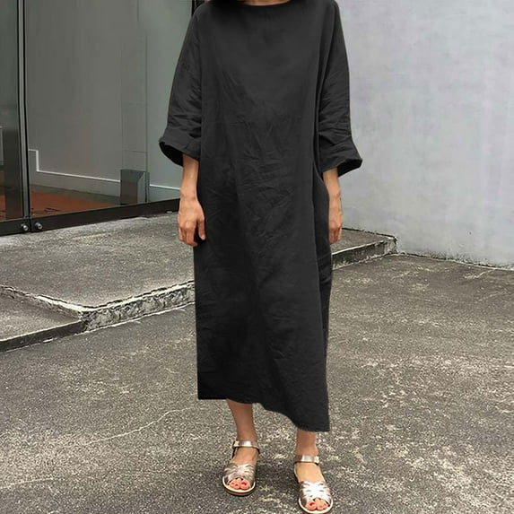 GaThRRgYP Women's Flowy Chiffon Short Sleeve Dress,Women's Fashion Cotton and Linen Crewneck Loose Short Sleeve Solid Mid-Claf Dress