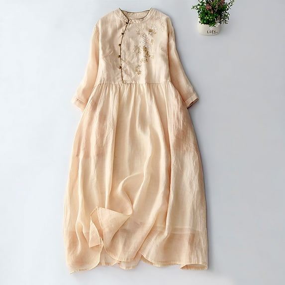 GaThRRgYP Women's High-Low Short Sleeve Dress,Women's Standing Neck Embroidered Cotton and Dress Women's Literature Retro Flowing Long Dress