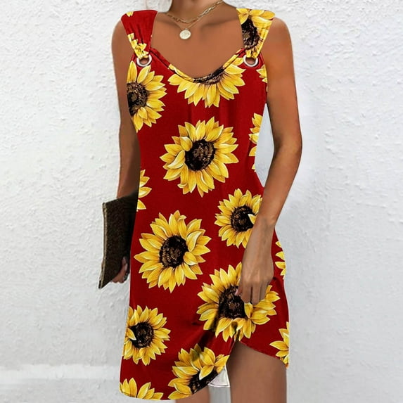 GaThRRgYP Women's Plus Size Maxi Dress,Women's Printed Round Neck Casual Sleeveless Suspender Dress