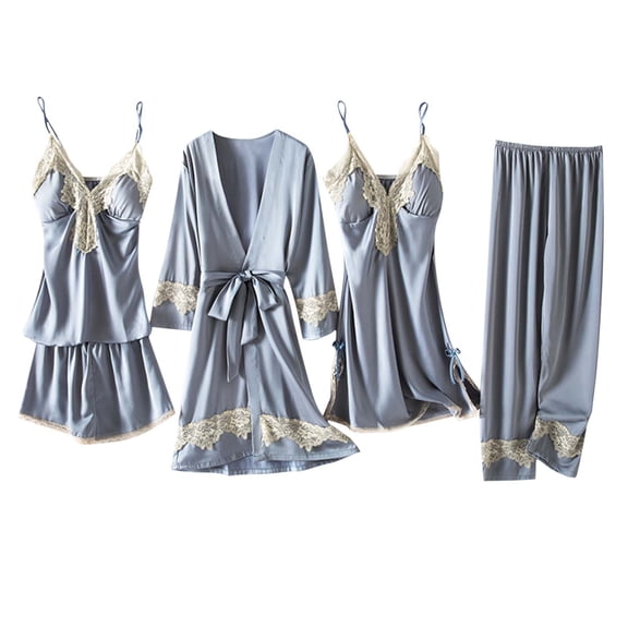 HomeGardon Womens Pajamas Sets,Sleepwear for Women 2025,Women's Five Piece Set with Breast Pads Love Rrint Ice Silk Nightgown Nightdress Home Clothes Pajama Set,M-XL