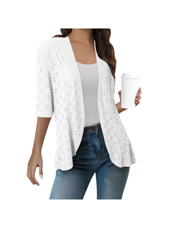 3/4 Sleeve Cardigan for Women Casual Open Front Lightweight Cardigans Solid Color Hollow out Summer Jackets White XL