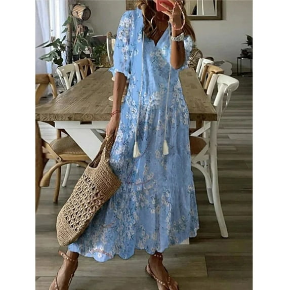 Horkkom A Line Dresses for Women Summer Casual Beach Maxi Dresses Short Sleeve Tassel Tie Neck Floral Dress Blue XL
