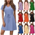 thumbnail image 1 of Horkkom A Line Dresses for Women Summer V Neck Mini Dresses Casual Belted Waist Drawstring Sundresses Blue L, 1 of 6