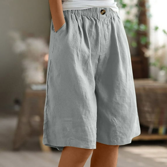 Horkkom Bermuda Shorts for Women Summer Elastic Waist Linen Shorts Casual Solid Color Button Beach Pants with Pockets Gray L