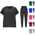 thumbnail image 1 of Horkkom Black Scrubs Sets for Women Solid Color Nursing Scrubs Short Sleeve V Neck Tops with Pockets Elastic Waist Long Pants Nursing Scrubs Sets Black XL, 1 of 9