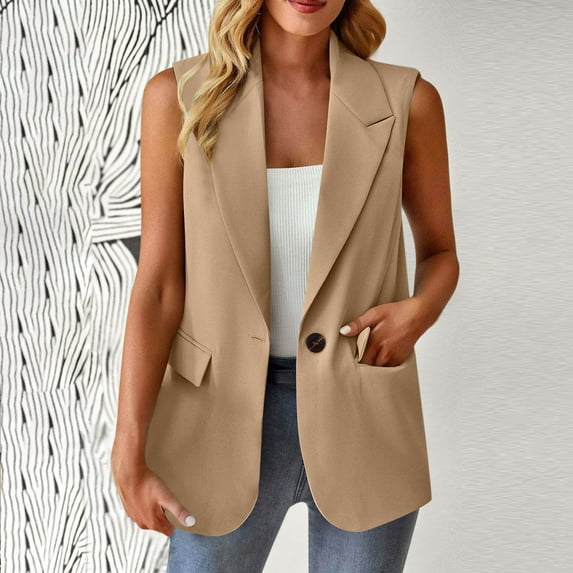 Horkkom Blazer Vest for Women Business Casual Sleeveless Blazers Work Solid Color Button Jackets with Pocket Brown L