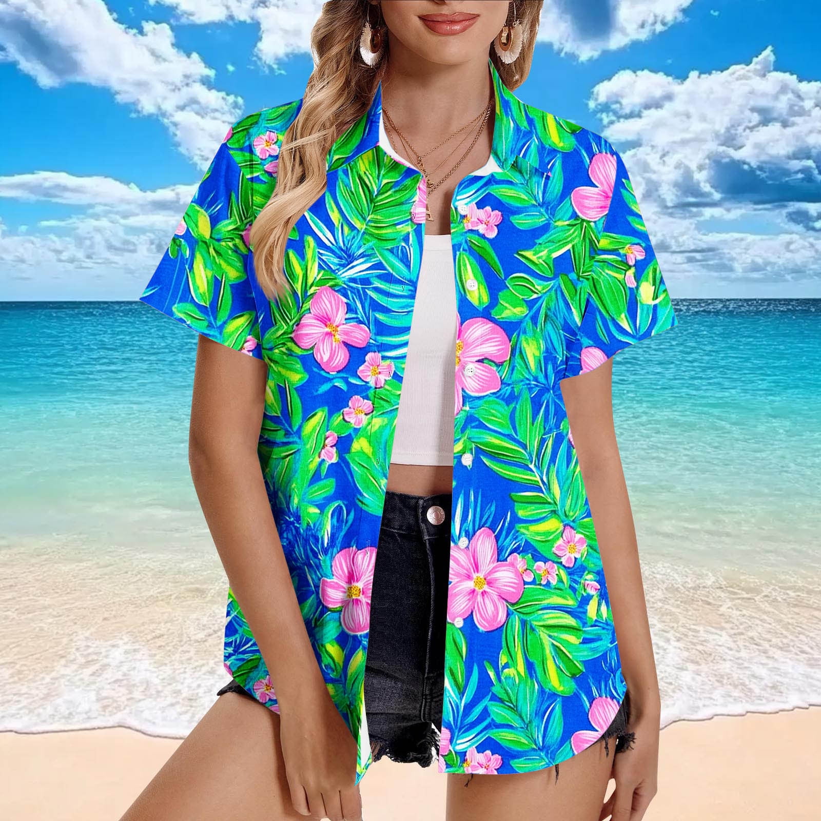 Horkkom Button Down Shirts for Women Plus Size Floral Print V Neck ...