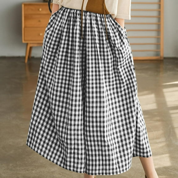 Horkkom Capris Pants for Women Casual Gingham Wide Leg Pants Elastic Waist Plaid Pants with Pocket Black 2XL