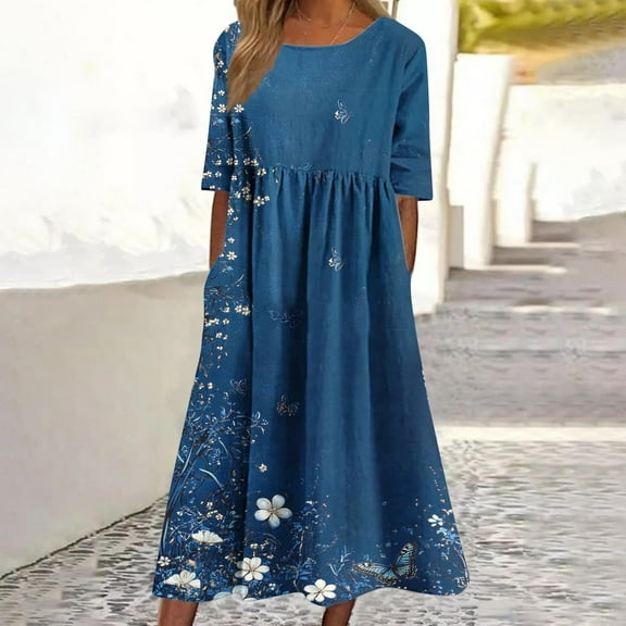 Horkkom Floral Dress for Women Summer Short Sleeve Maxi Dresses Casual Crew Neck Pleated Dress with Pockets Blue S