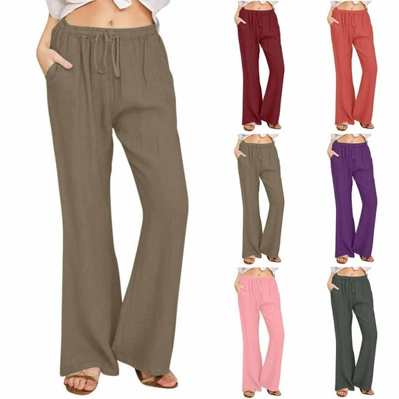 Horkkom Flowy Pants for Women Solid Color Elastic Waist Wide Leg Linen Pants Casual Loose Beach Pants with Pockets