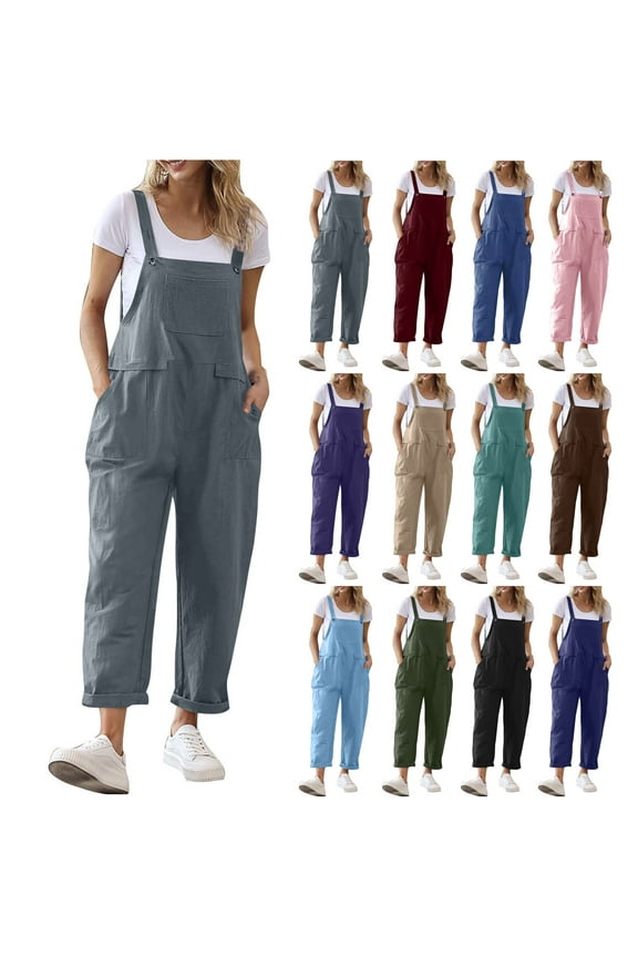 Linen Overalls for Women Sleeveless Long Pants with Pocket Jumpsuits Casual Solid Color Rompers Green S