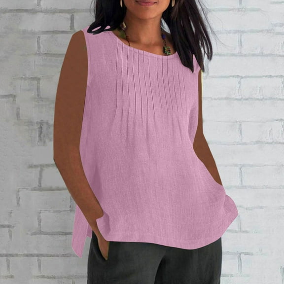 Horkkom Linen Shirts for Women Plus Size Crew Neck Tank Top Summer Casual Loose Solid Color Blouses