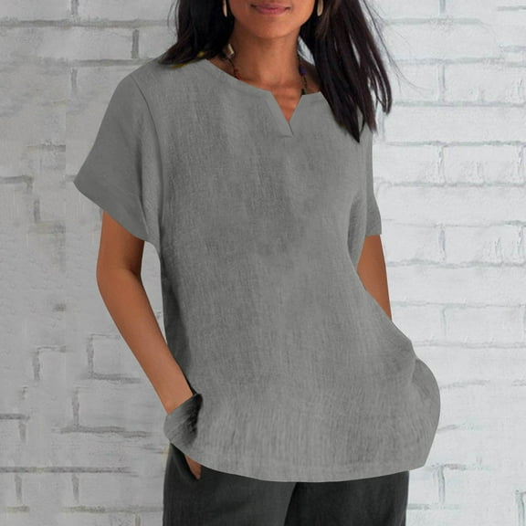 Horkkom Linen Shirts for Women Plus Size V Neck Short Sleeve Shirts Summer Casual Loose Solid Color Tops
