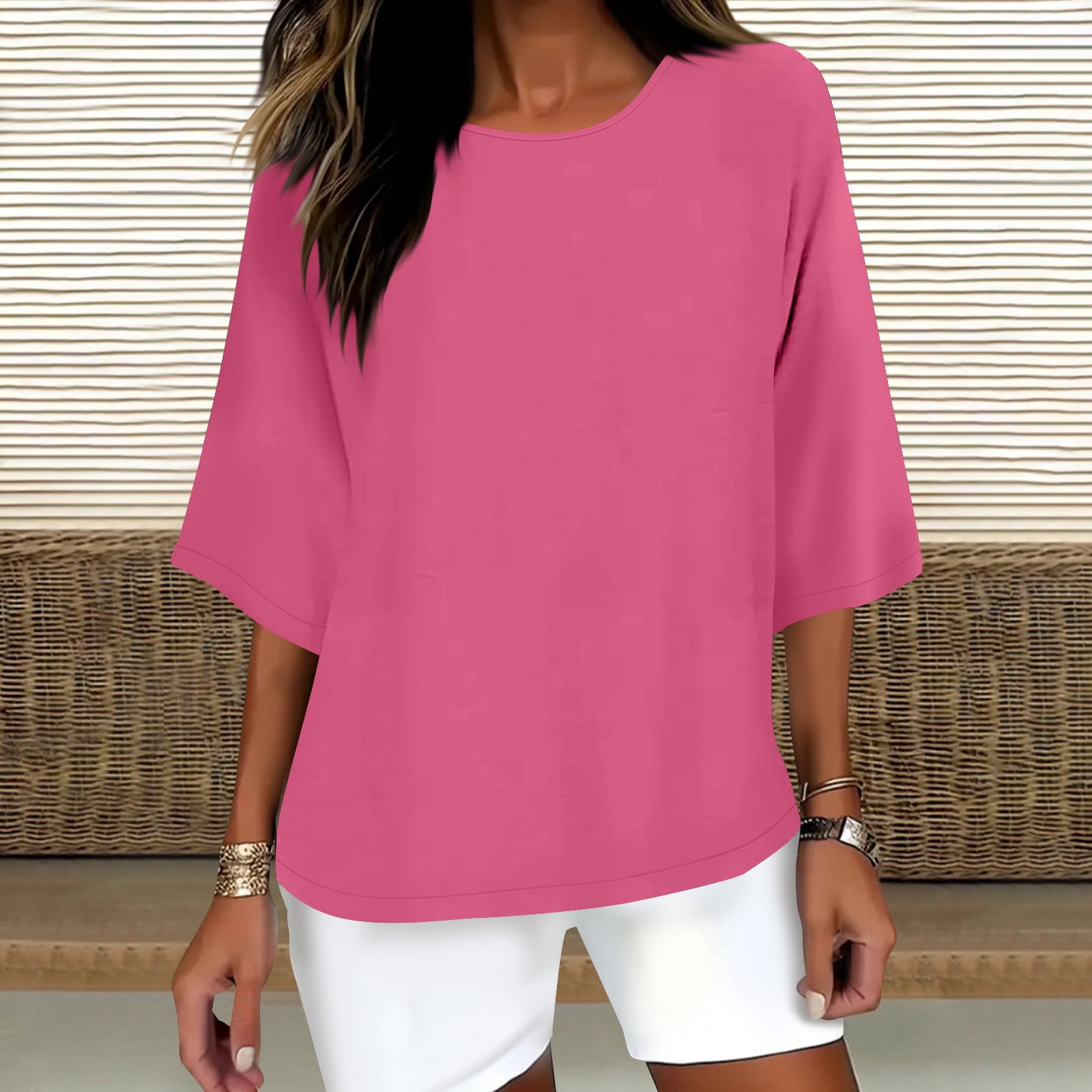 Horkkom Linen Shirts for Women Summer Casual Plus Size 3/4 Sleeve Tops ...