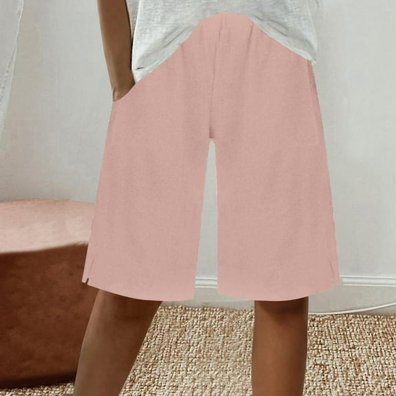 Horkkom Linen Shorts for Women Summer Lightweight Bermuda Shorts Solid Color Elastic Waist Beach Shorts with Pockets Pink 2XL