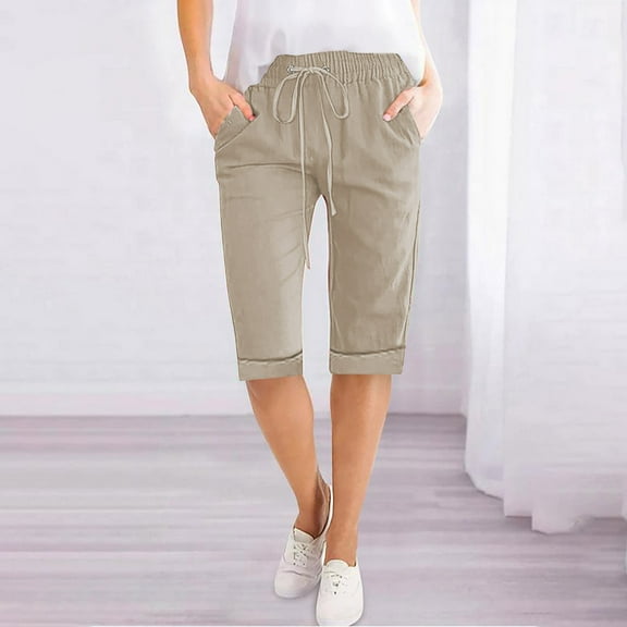 Horkkom Linen Shorts for Women Cotton Elastic Waist Drawstring Shorts with Pockets Summer Casual Mid Length Beach Shorts