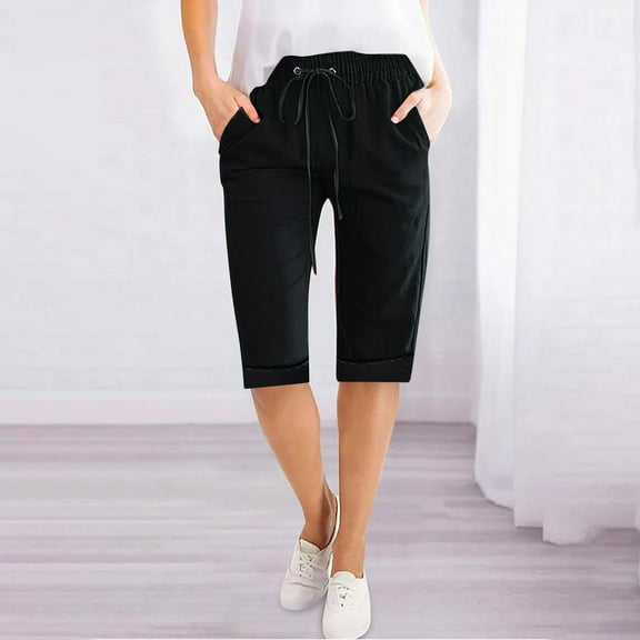 Linen Shorts for Women Cotton Elastic Waist Drawstring Shorts with Pockets Summer Casual Mid Length Beach Shorts