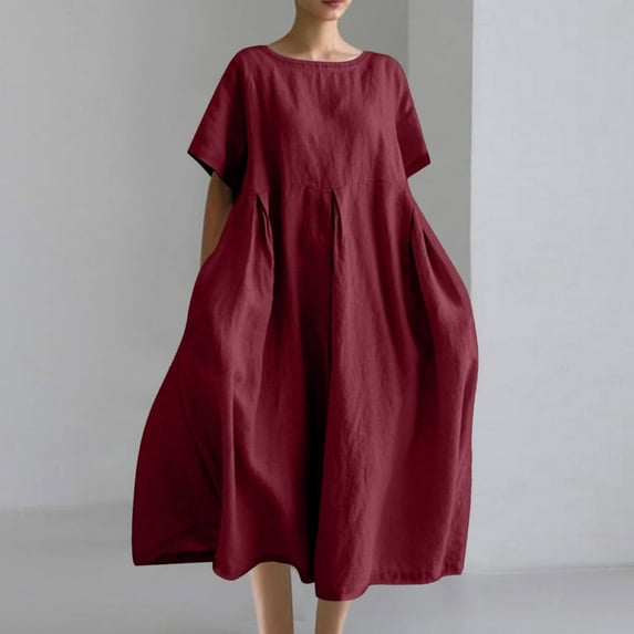 Summer Savings Clearance! Horkkom Long Dresses for Women Plus Size Summer Linen Dress Solid Color Short Sleeve Dress Crew Neck with Pocket Maxi Dresses Red S