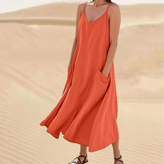 Horkkom Maxi Dress for Women V Neck Solid Color Summer Dresses Casual Sleeveless Beach Vacation Dress with Pockets XL