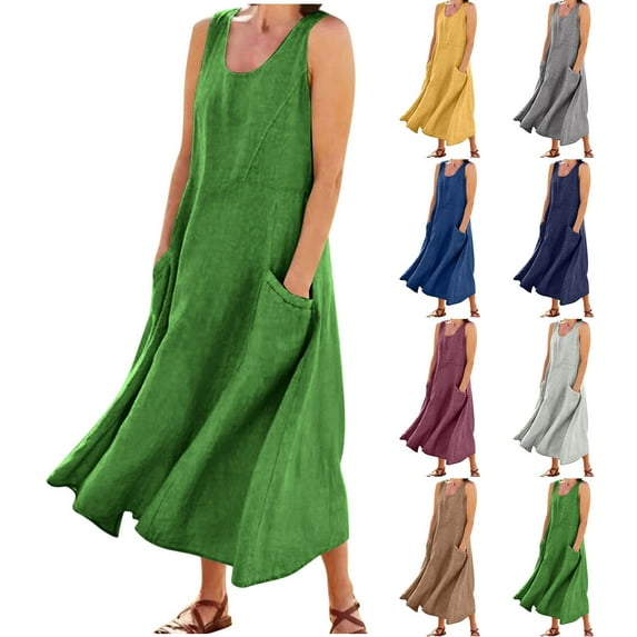 Horkkom Maxi Dresse for Women Plus Size Solid Color V Neck Sleeveless Linen Dress Summer Casual Loose Long Dresses with Pockets Green L