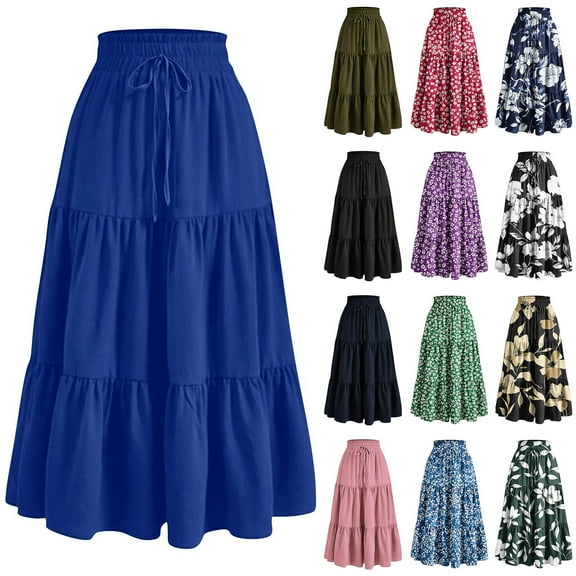 Horkkom Floral Skirt for Women Summer Casual High Waist Tiered Maxi Skirts Trendy A Line Long Skirts L