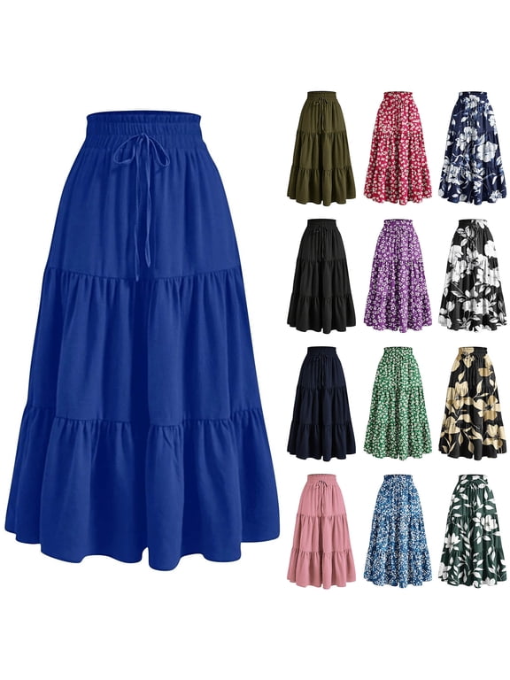 Floral Skirt for Women Summer Casual High Waist Tiered Maxi Skirts Trendy A Line Long Skirts L