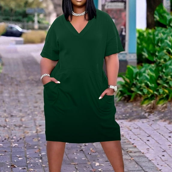 Horkkom Mini Dresses for Women Summer Casual Plus Size Dresses Solid Color V Neck Short Sleeve Dress with Pockets Green XL