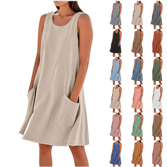 Horkkom Mini Dresses for Women Summer Crew Neck Sleeveless Dress Casual Solid Color Beach Sundresses with Pockets Brown L