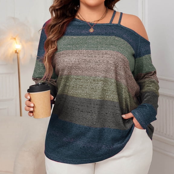 Horkkom Off The Shoulder Tops for Women Plus Size Long Sleeve Tops Color Block Spring Fall Tops Blue 3XL